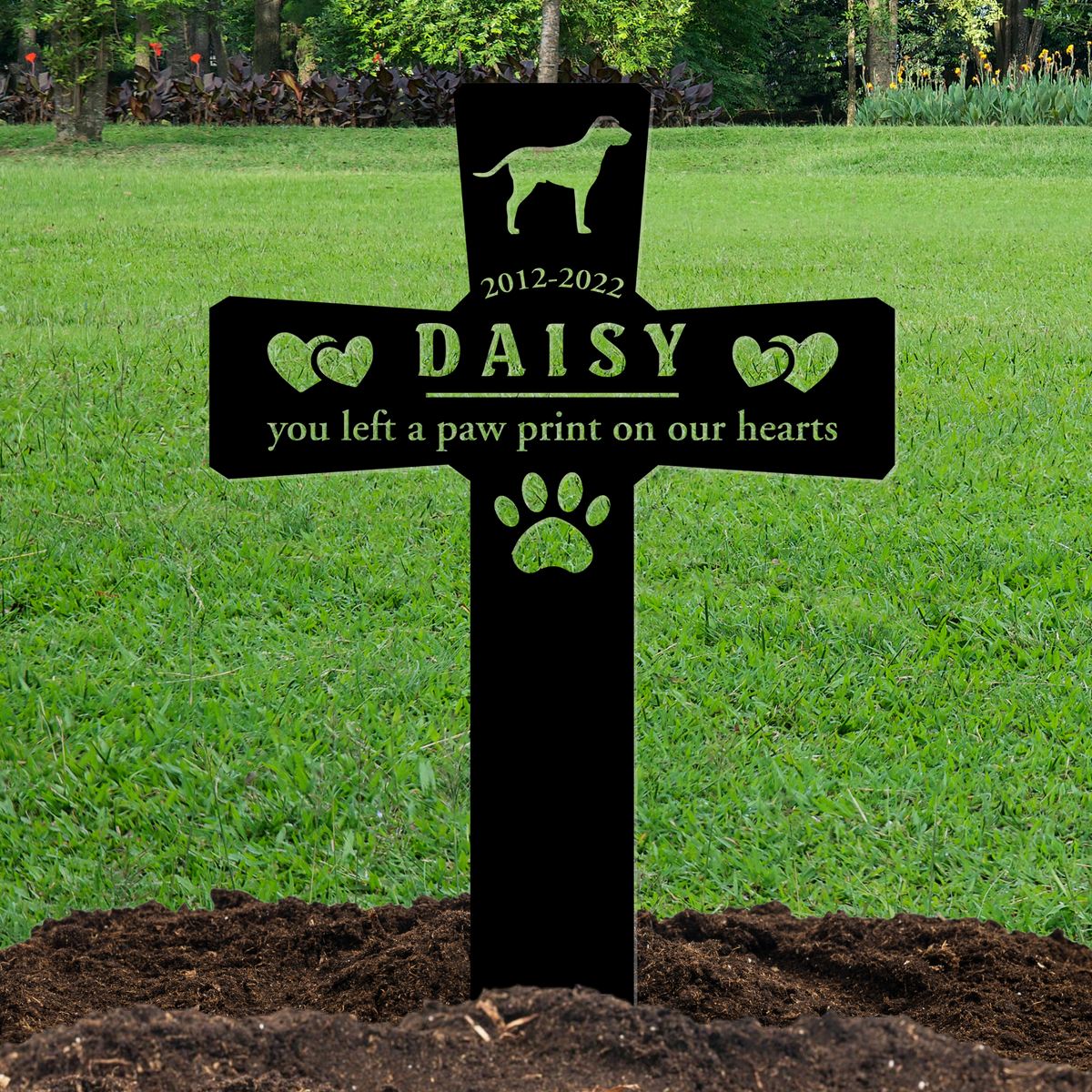 Personalized Metal Dog Grave Marker, Outdoor Pet Memorial, Dog Grave Marker for Garden - PAW-01